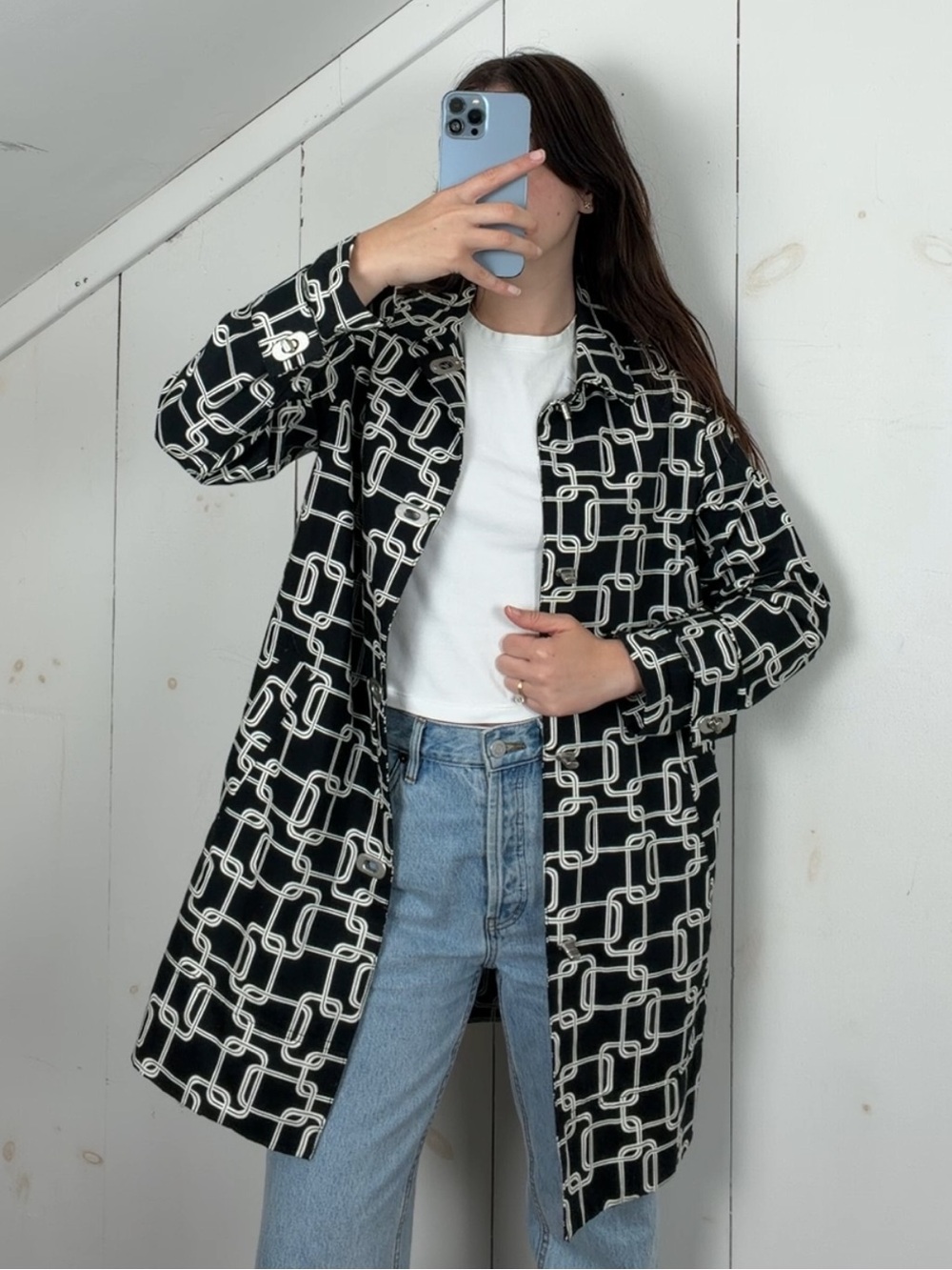 Vintage Black‎ White Geometric Chain Link Print Mid Length Trench Coat Women’s M